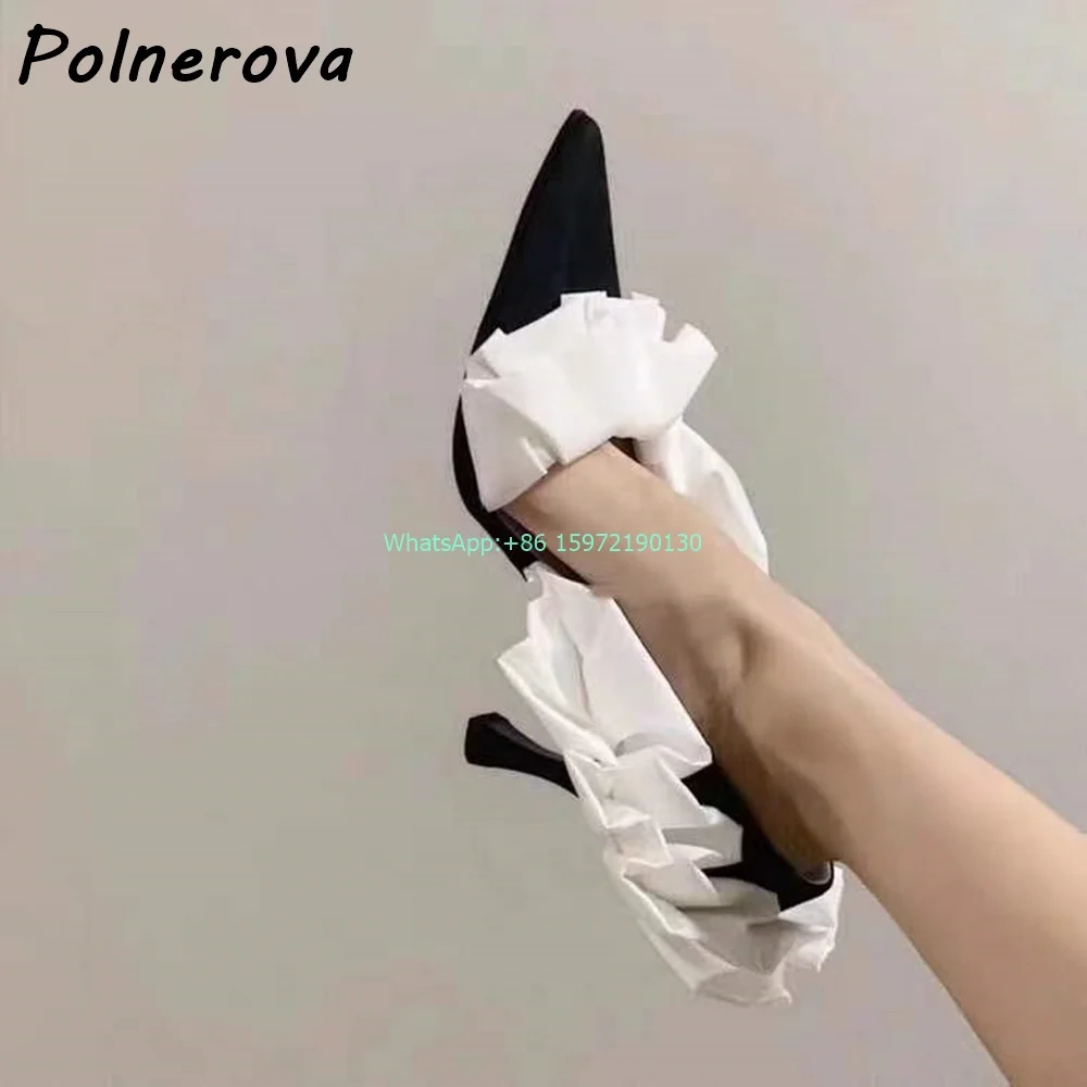 

Wave Lace Mixed Color Pumps Pointy Toe Thin Heels Slip On Side Empty Banquet Shoes Ladies Elegant Black White Princess Shoes