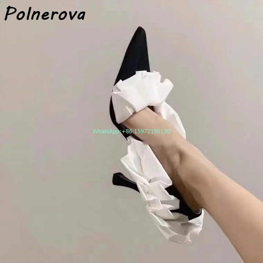 Wave Lace Mixed Color Pumps Pointy Toe Thin Heels Slip On Side Empty Banquet Shoes Ladies Elegant Black White Princess Shoes