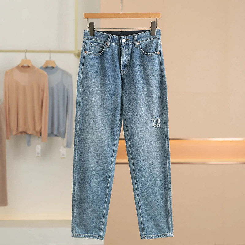 

High Waist Distred Nine Points Jeans Simple Daily Sle Women's Cotton Stretch Denim High Waist Straight Leg Trousers
