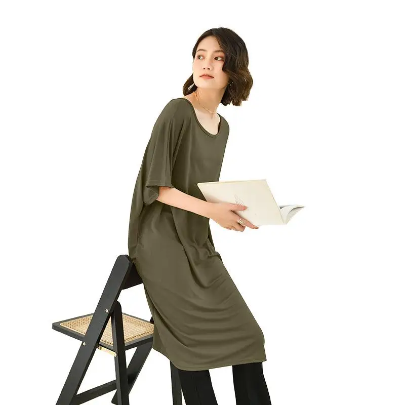 XSM été Vne t-shirt Dr femmes genou longueur décontracté taille ample Modal tissu ort Sve rond Ne basique Sle