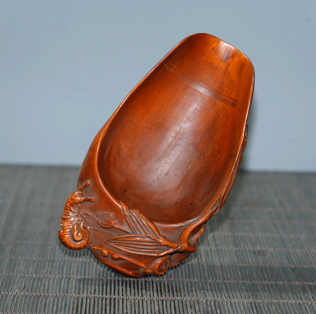 Antique Wood Carving Collection Snail Statue Tea Shovel Tea Ceremony Utensils
