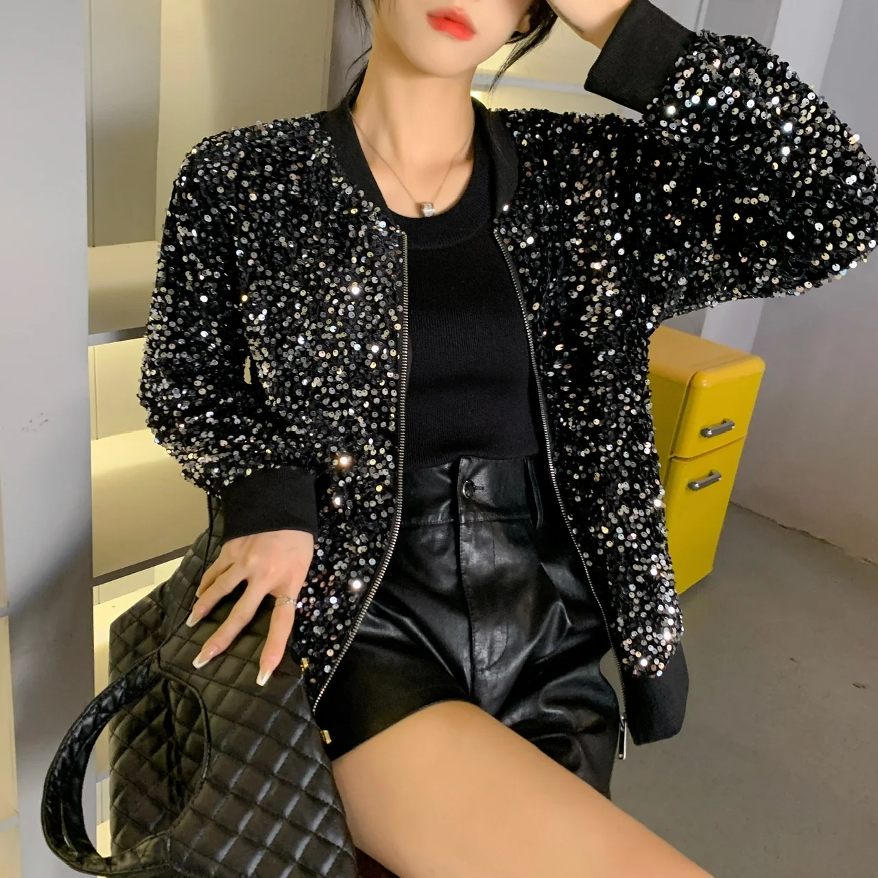 Korean Clothes Sequins Coat Sexy Zipper Shiny Jacket Bling Bling Women\'s Tops Long Sleeve Hand Made Bright Party Outerwear 2163