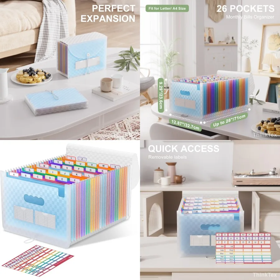 

Органайзер для файлов ThinkTex-аккордеон с 26 карманами для ежемесячных счетов и управления квитанциями, расширяющийся дизайн с цветной лентой A-Z