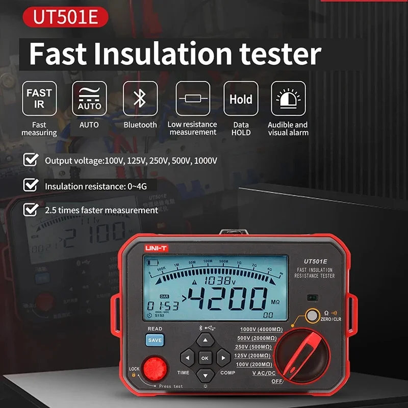 UNI-T Fast Plastic Insulation Tester 4G Resistance Meter UT501E Megometer PI DAR Compare Function Remote Testing IP54AR
