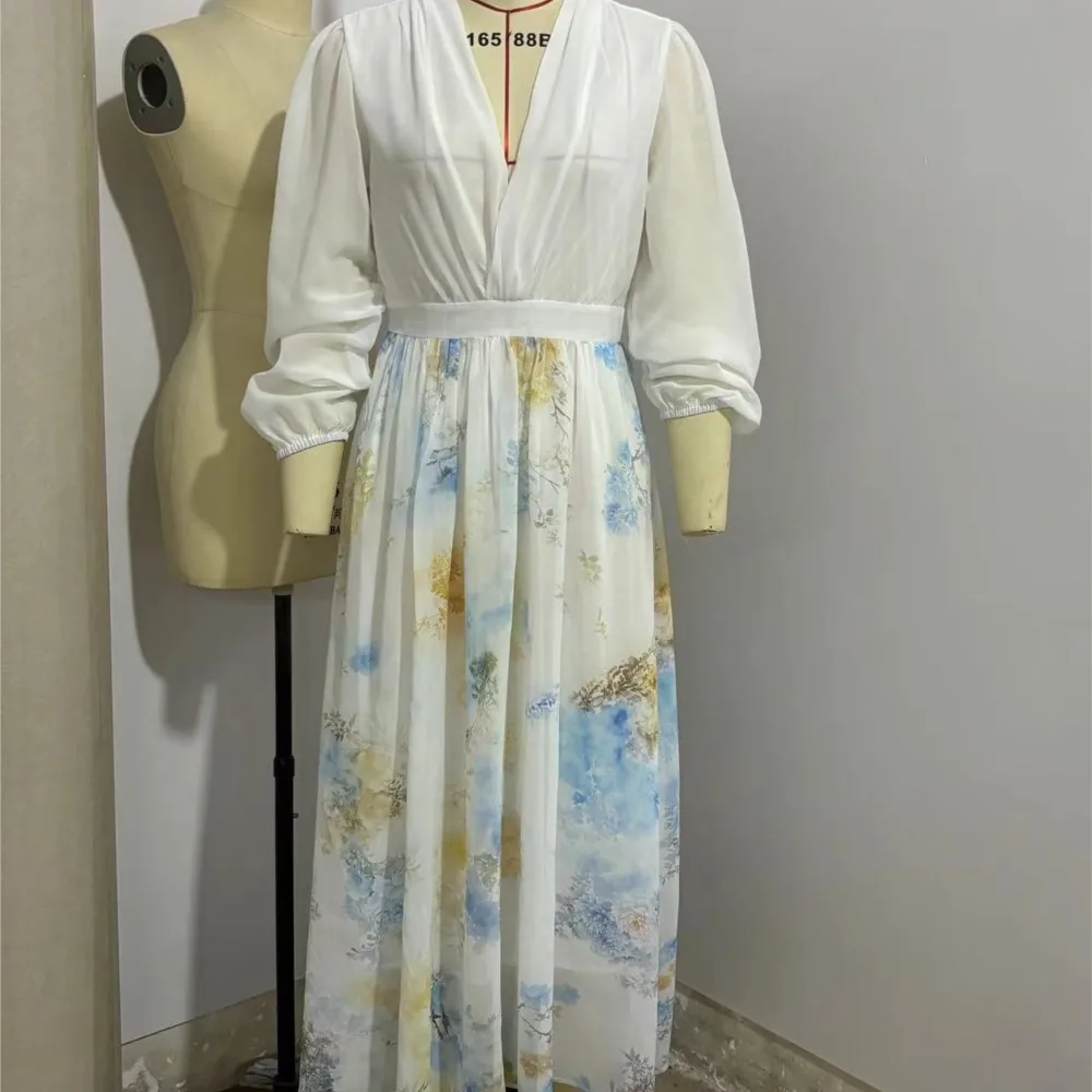 Vestido largo informal para mujer, ropa holgada informal elegante con estampado digital, vestidos de cintura alta con cuello en V y manga larga