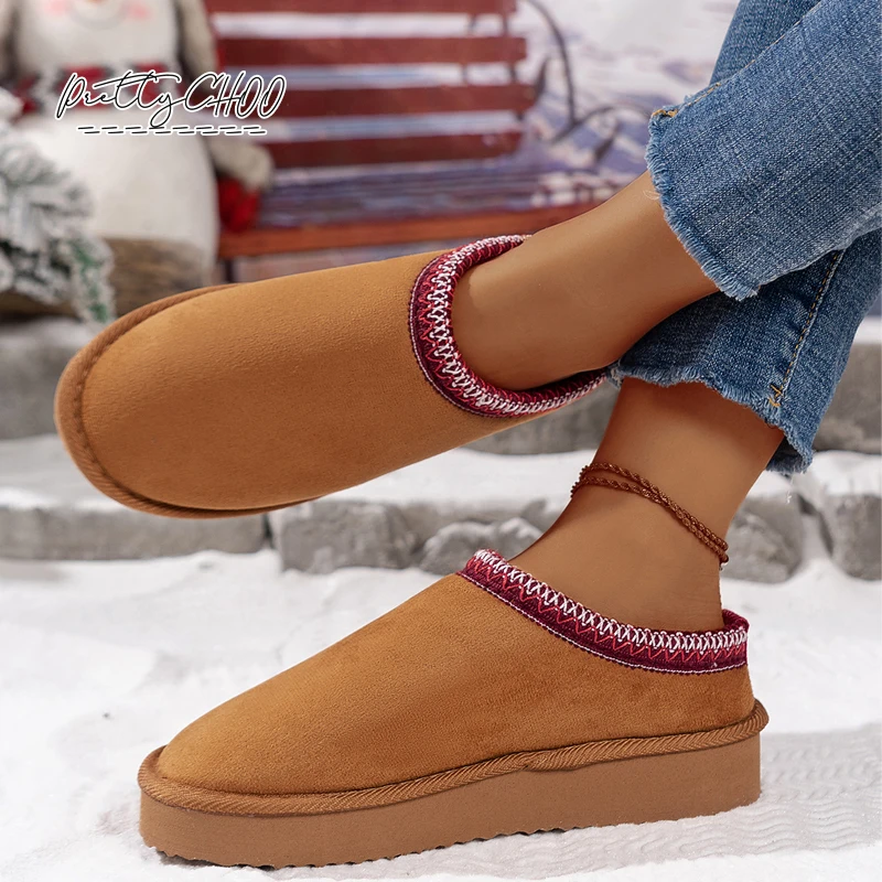 

Ethnic Braid Embroidery Platform Mule Shoes Woman Winter Fluffy Lazy Loafers Ladies Brand Design Thick Sole Plush Short Boots