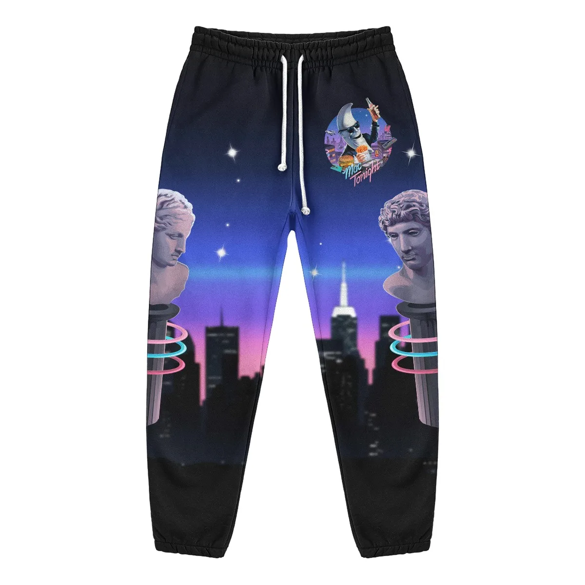 Unisex Joggers Featuring Print Combining Greek Sculpture with Vaporwave-style City Skyline Retro-aesthetic Drawstring Sweatpants