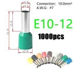 Wire End Block Connector Crimp Terminal E10-12 10mm² Gauge 7 Insulated Ferrules Cable Lug Eyelet Lug Brass Tube Per 1000PCS Pack