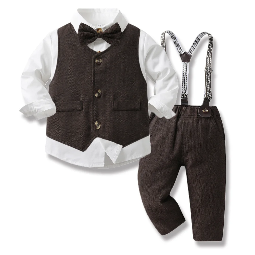 

Korean Style Children's Suit Spring New Vest Boys' Long Sleeved Cotton Shirt Suspender Pants Three Piece Set