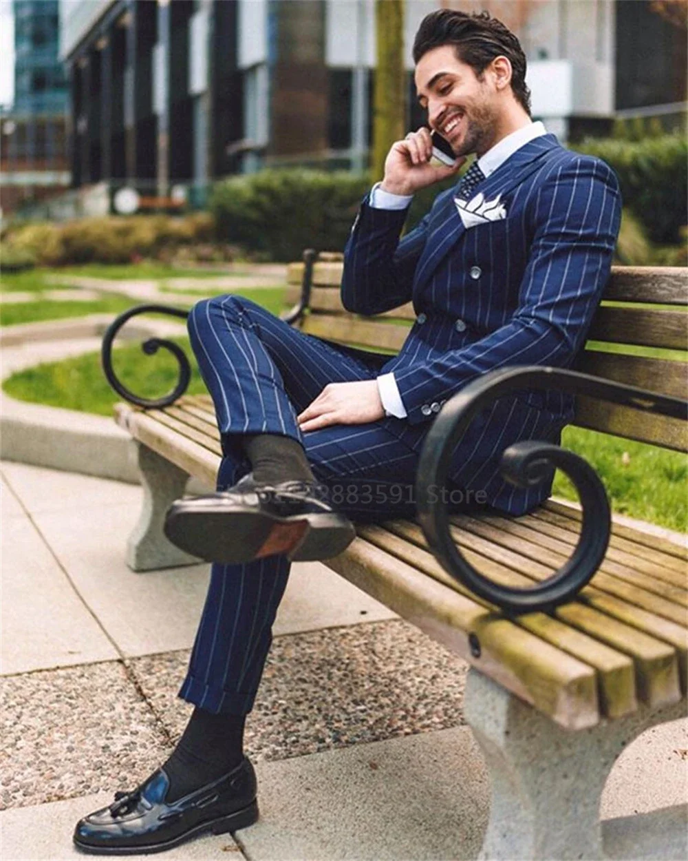 Classic Navy Blue Striped Men\'s Suits Slim Fit Business Blazer Double Breasted Wedding Groom Tuxedos 2 Piece Set Terno Masculino