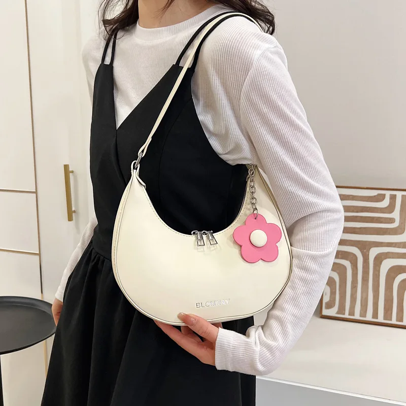Fashion Shoulder Bag for Women Leather Half Moon Underarm Bag 2023 Luxury Designer Handbag Flower Pendant Casual Crossbody Purse image 3