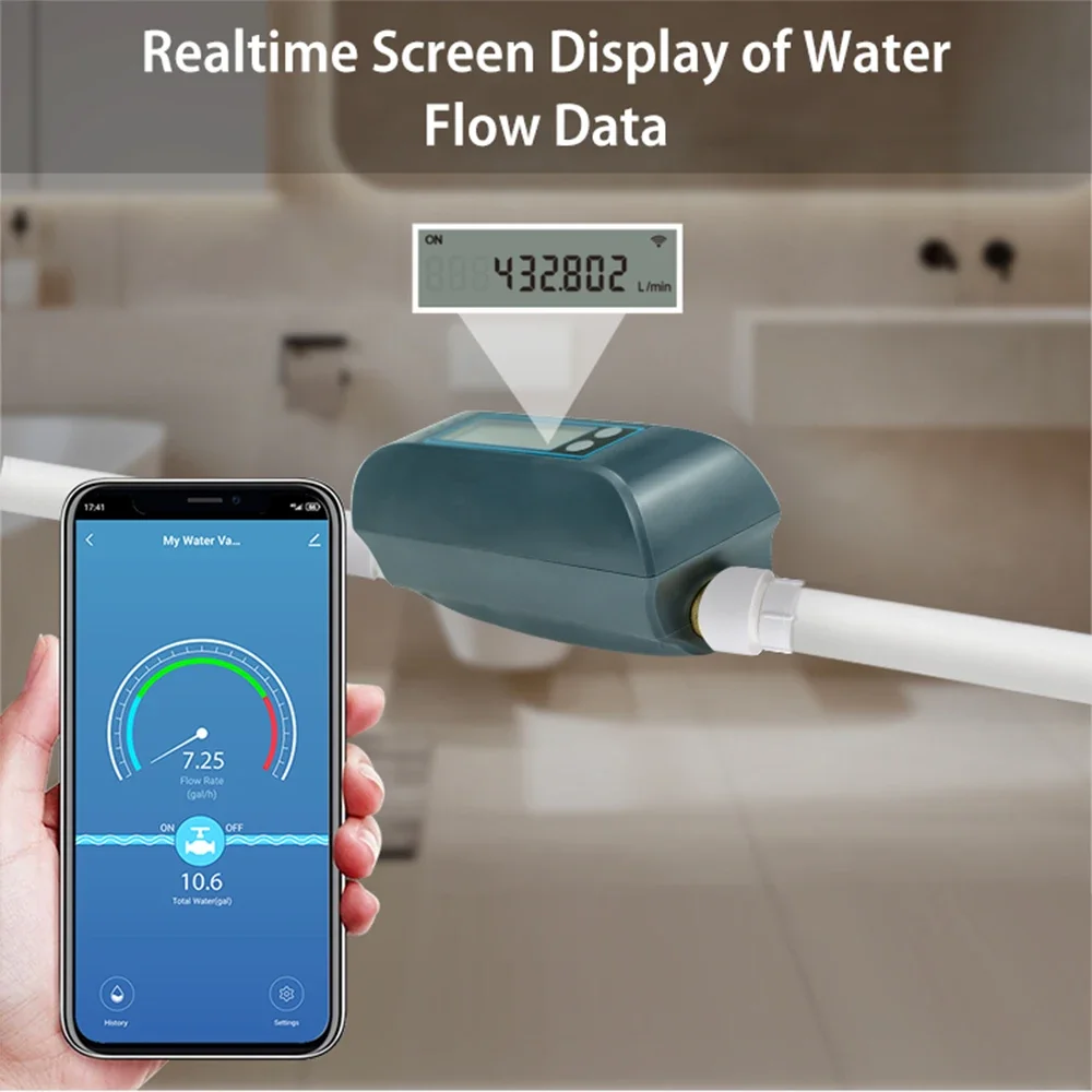 Tuya Smart WiFi Water Valve Water Consumption Monitoring and Screem Display of Water Flow Built in Rechargable Battery.