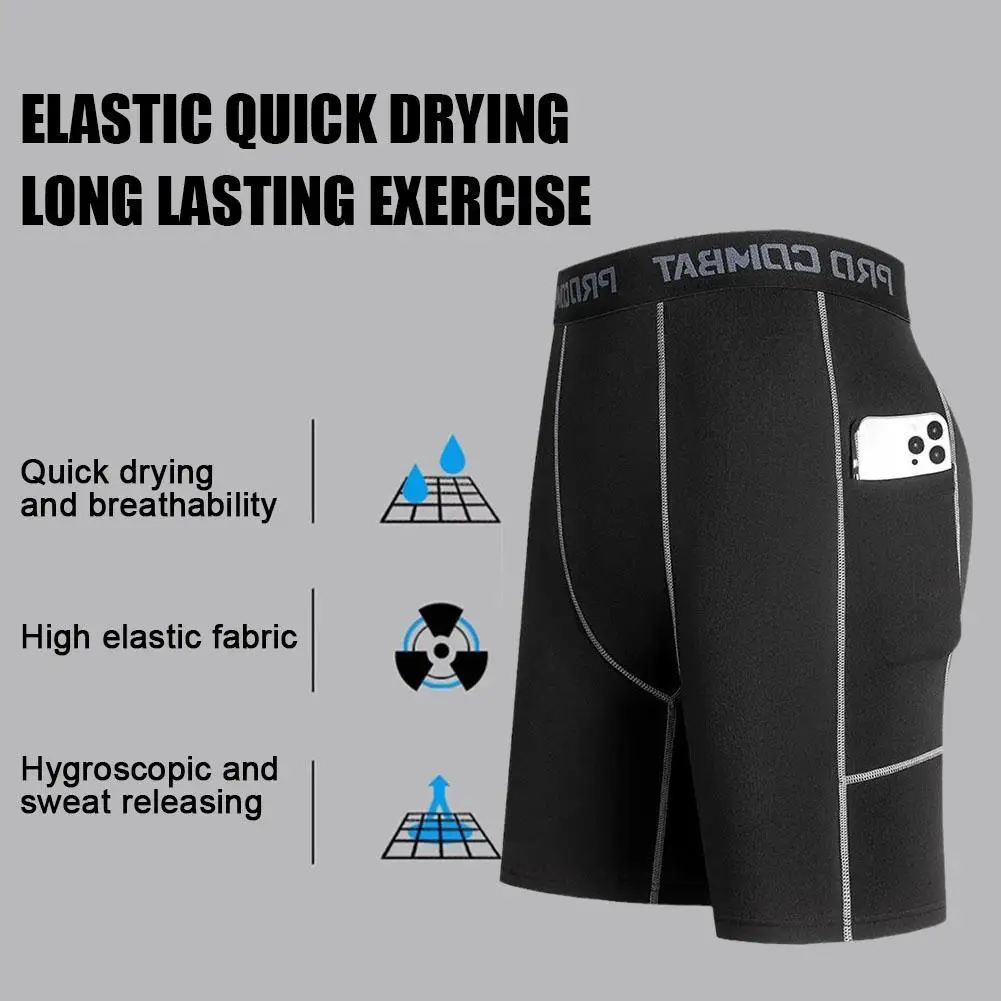 Calça curta de compressão masculina, elástica, secagem rápida, corrida, calça de ginástica, tamanho apertado, fitness, preto, treinamento, shorts de bolso grande, I0D6