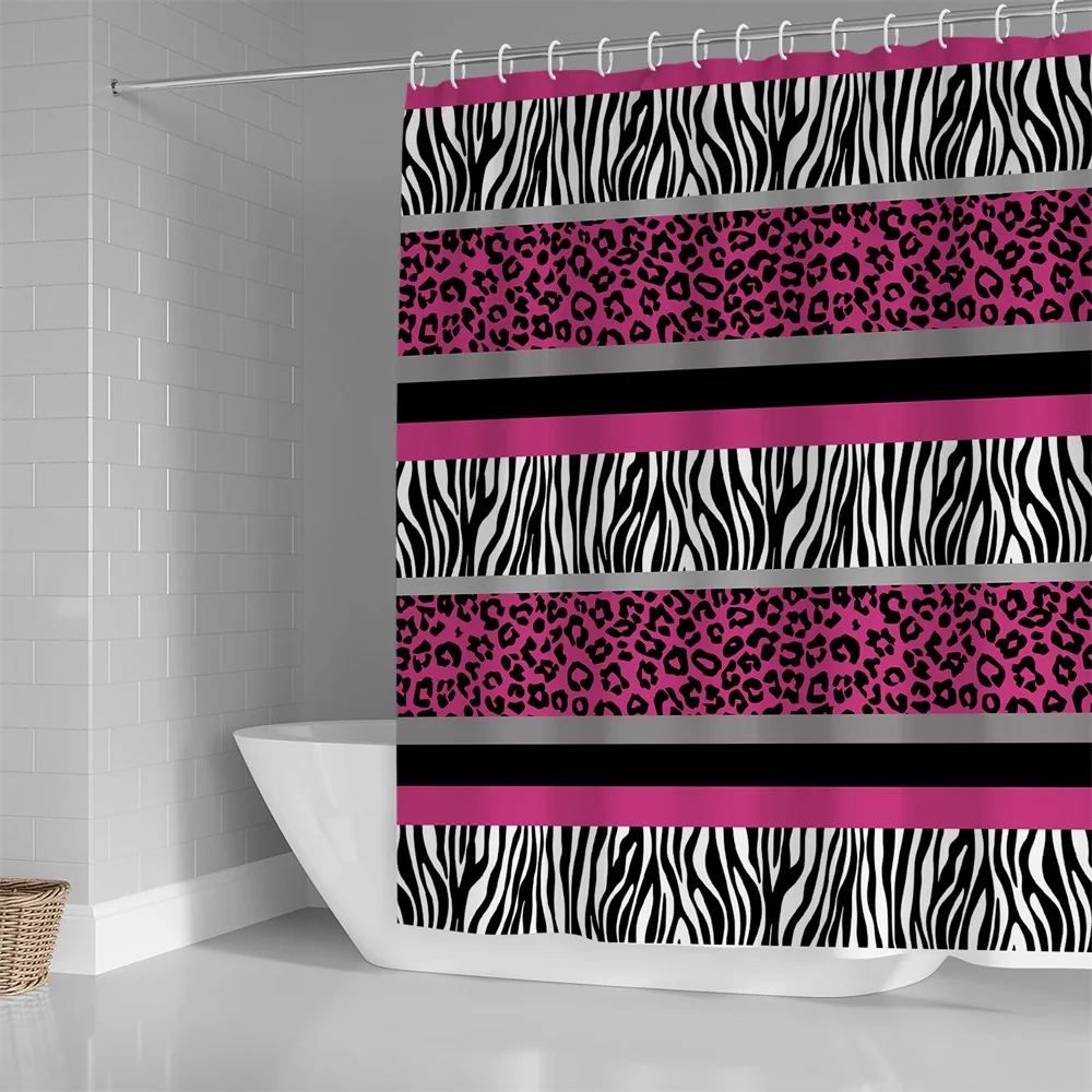 1PC, pink leopard print zebra print sandwich, modern home bathroom waterproof shower curtain with 12 plastic hooks, 71in*71in