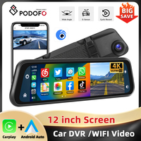 Podofo 12 ''Car Mirror Monitor 4K Ultra HD Recording Front Camera Car DVR Carplay Android Auto WIFI Voice Control Two-Way Video