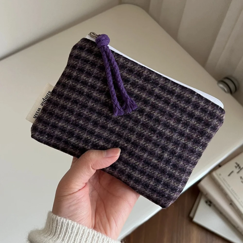 Women Makeup Mini Bag Portable Coin Purse Small Pouch Handbag Retro Plaid Female Lipstick Cosmetic Storage Zipper Bag