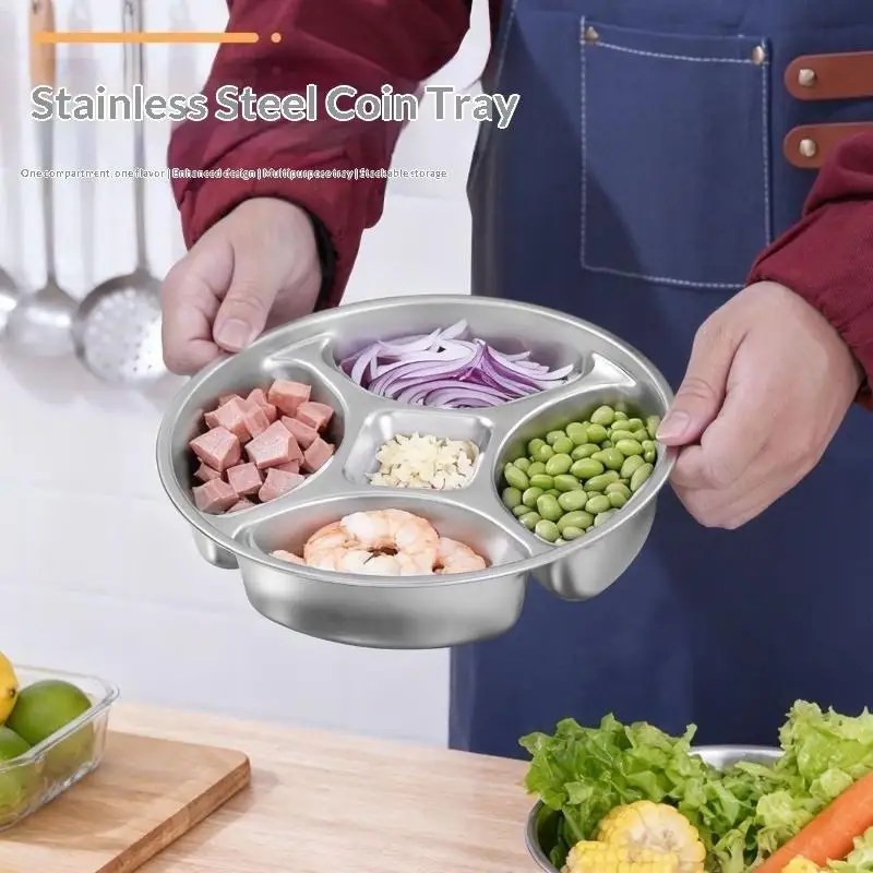 Round Divided 5-Compartment Stainless Steel Serving Tray Stackable Prep Dish for Family Gathering Nuts Fruit Appetizer Use