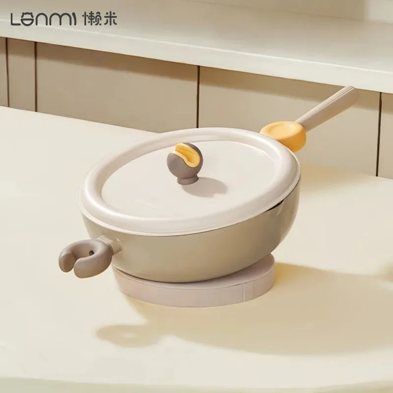 

LANMI 28CM Bell Woks Non-stick Double Ear Frying Pan Low-smoke Flat Bottom Pan with Detachable Handle Stoves Universal Cookware