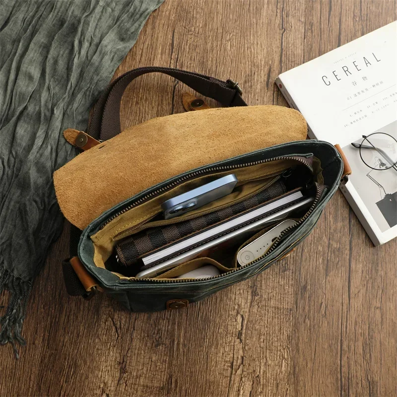 High Quality Waterproof Oil Waxed Canvas Bag for Men Retro Style Shoulder Travel Bag for Men Casual Crossbody Camera Purse Bag