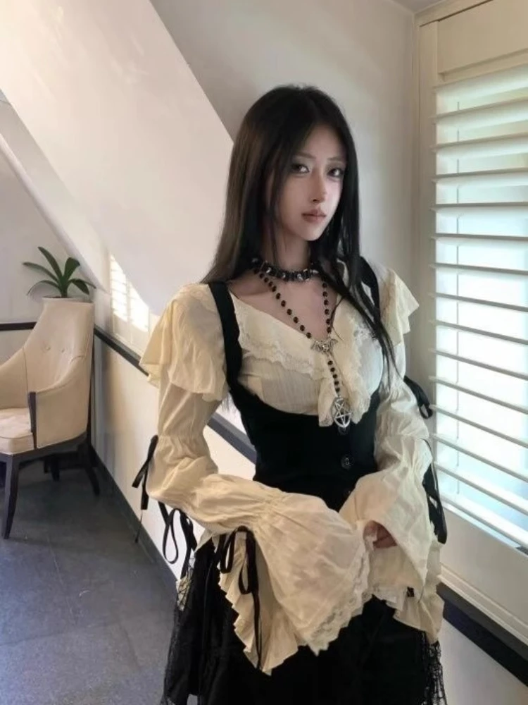 New Subculture Lace Vintage 3 Piece Set Women Design Flare Sleeve Shirt + Tunic Vest+ Mini Skirt Japanese Sexy Y2k Retro Outfits