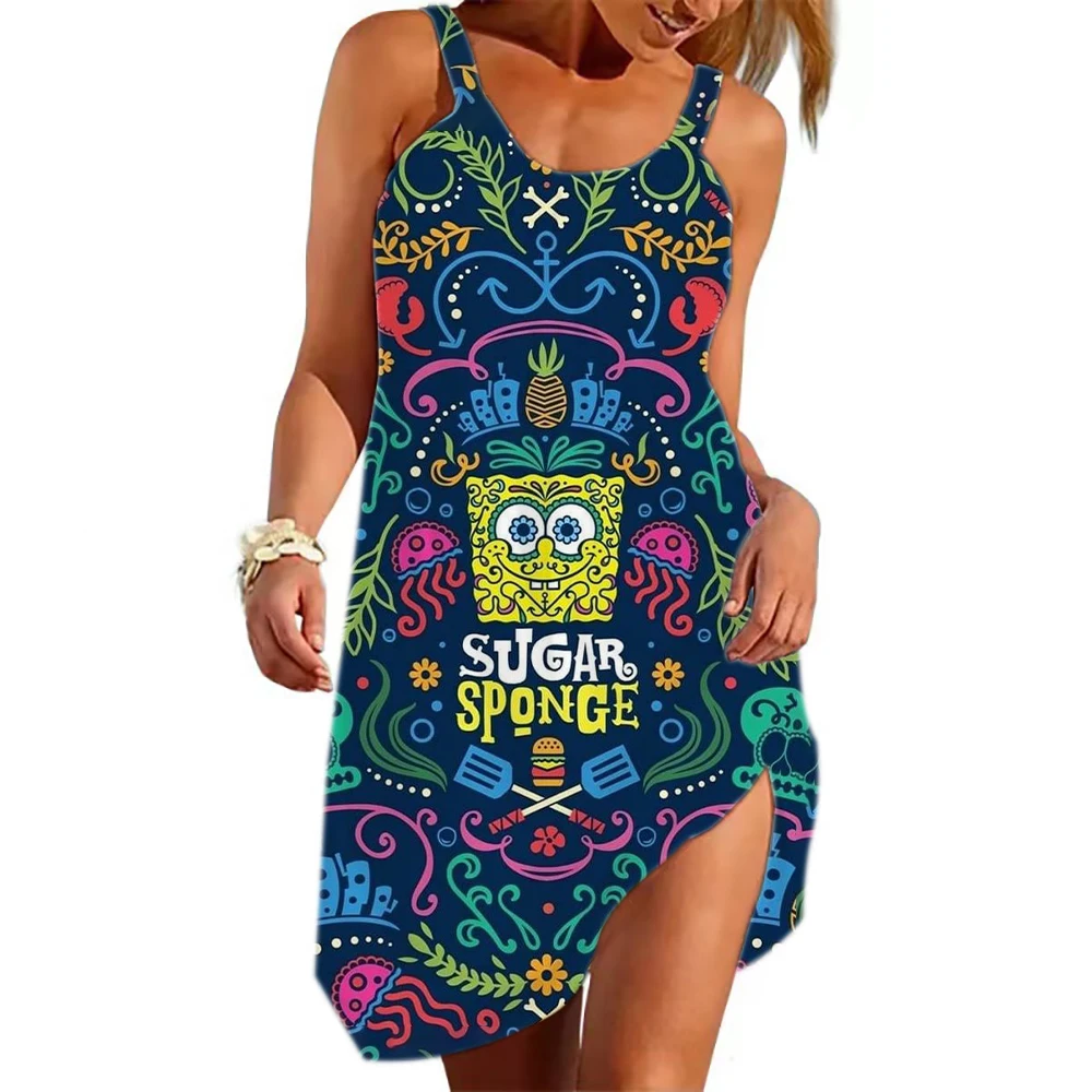 Loose and comfortable dress suspender dress 2024 summer new fashion casual women's sleeveless Spongebob cartoon print dress