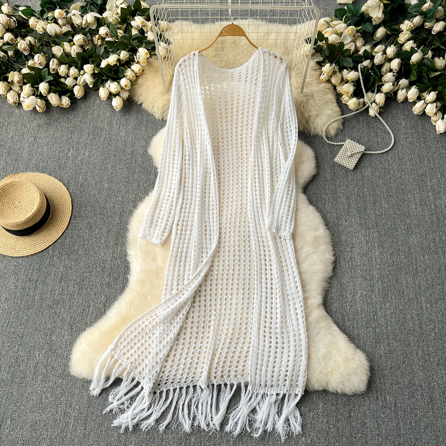2025 Spring Autumn Bohemian Vacation Mid-Length Knitted Cardigan Shawl Women's Seaside Sunscreen Hollow Knitted Tassel Jacket