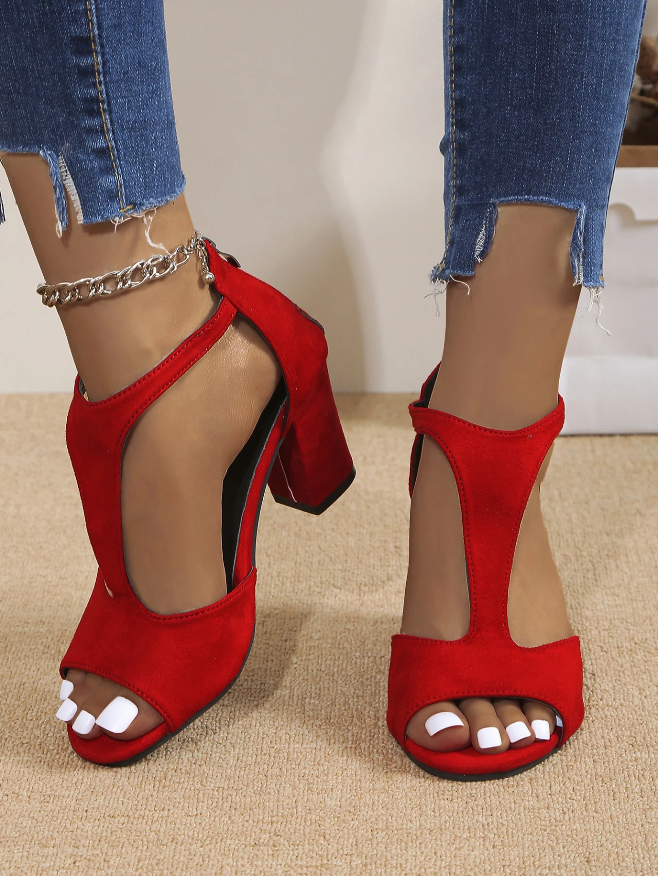 2024 Summer Hot Selling Women\'s High Heel Sandals Sexy Red Print Fish Mouth Back Zipper Fashion Simple Plus Size Women Shoes