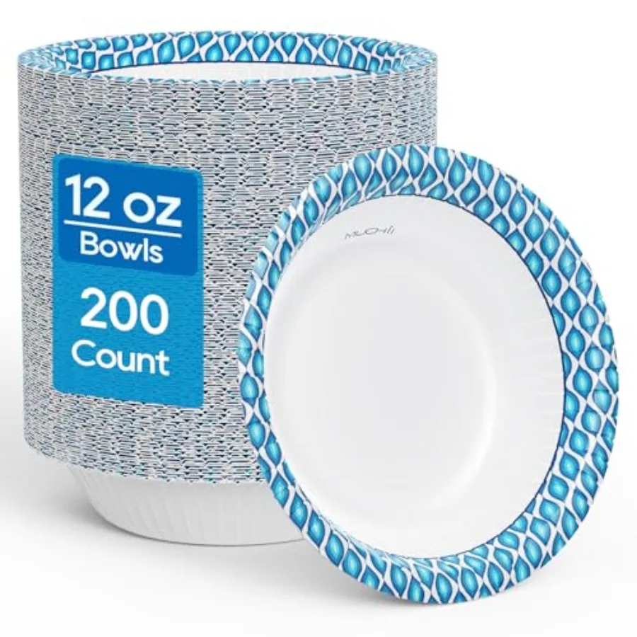 

Бумажные миски 12 унций, 200 штук, одноразовые, с принтом, водонепроницаемые, маленькие, для завтраков, обедов и ужинов