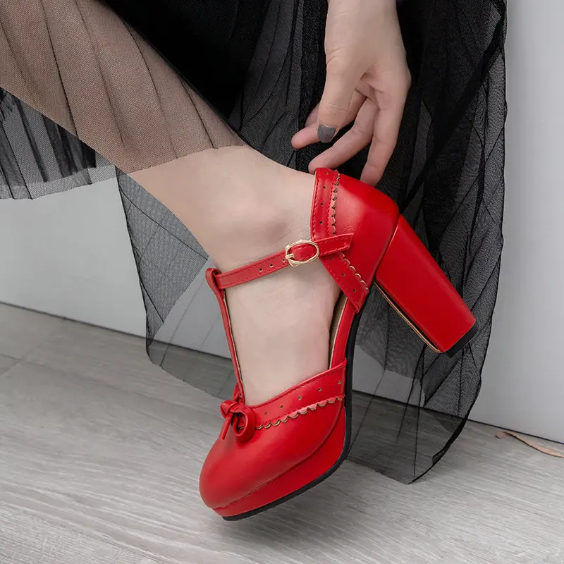 Women\'s Plus Size 32-46 T Strap Girls High Heels Round Toe Heel Pumps Women Platform Pumps with Bow Party Wedding Shoes Girls