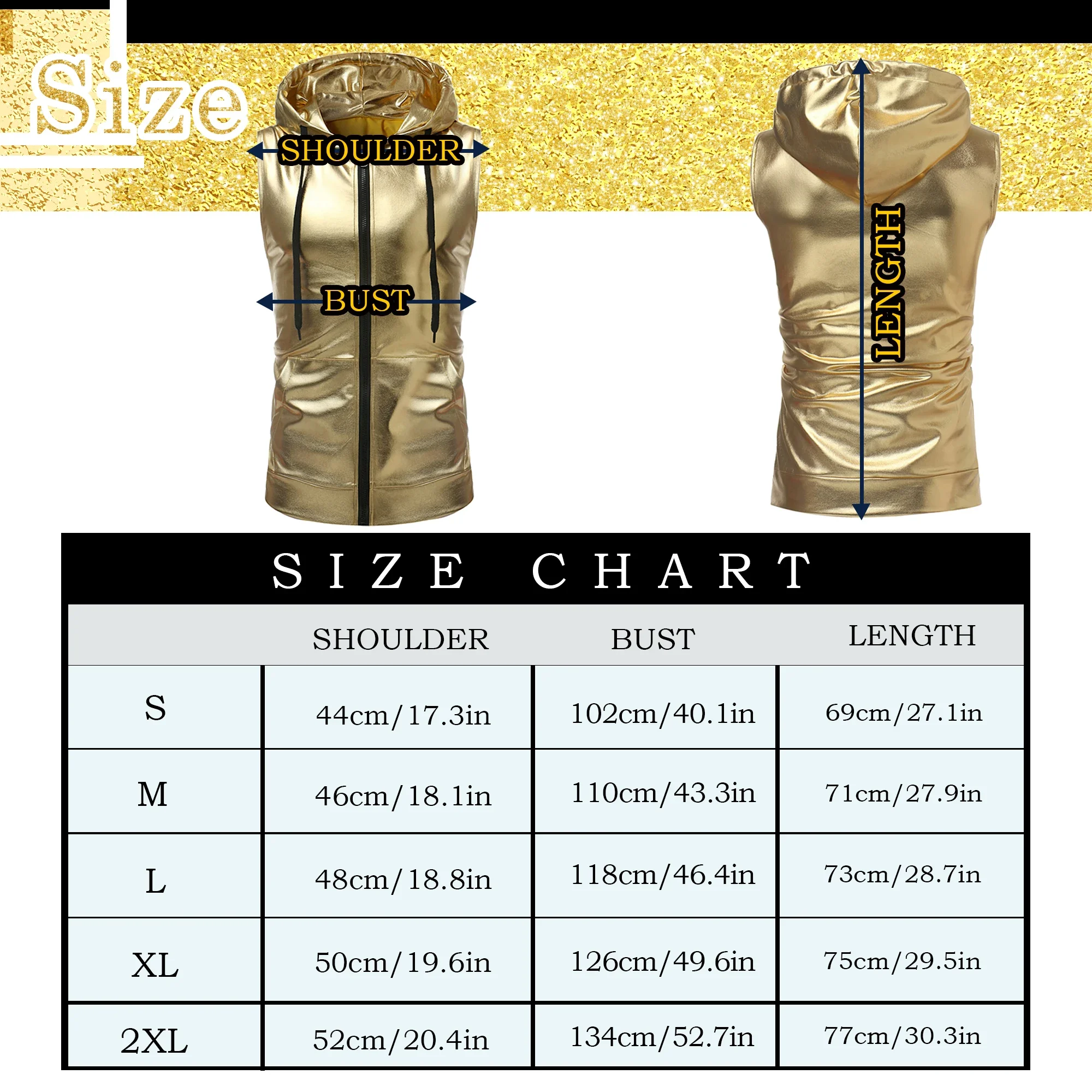 Fashion Sleeveless T-shirts Men Shiny Metallic Faux Leather Vests Hooded Tank Tops Zipper Nightclub Party Dance Stage Streetwear