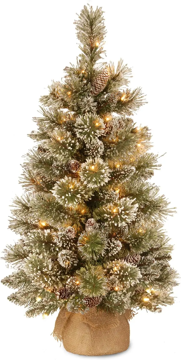 

3 ft Pre-Lit Glittery Mini Christmas Tree with Pinecones, 35 Clear LED Lights, Timer, Burlap Base
