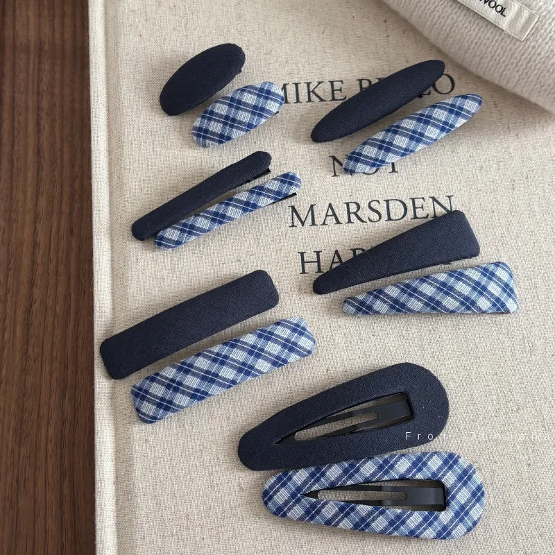 Blue retro plaid hairpin sweet niche side bangs clip spring and summer bb clip broken hair clip girl