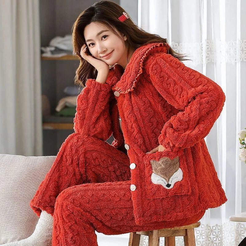 2024 Koraal Fluwelen Pyjama Vrouwen Winter Dikker Nachtkleding Jacquard Pluche Warme Loungewear Meisjes Huishoudelijke Kleding Pak Bovenkleding