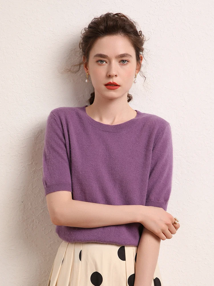 ADDONEE, camiseta de Cachemira para mujer, jersey de manga corta con cuello redondo, suéter para primavera y verano, 100% de punto de Cachemira,