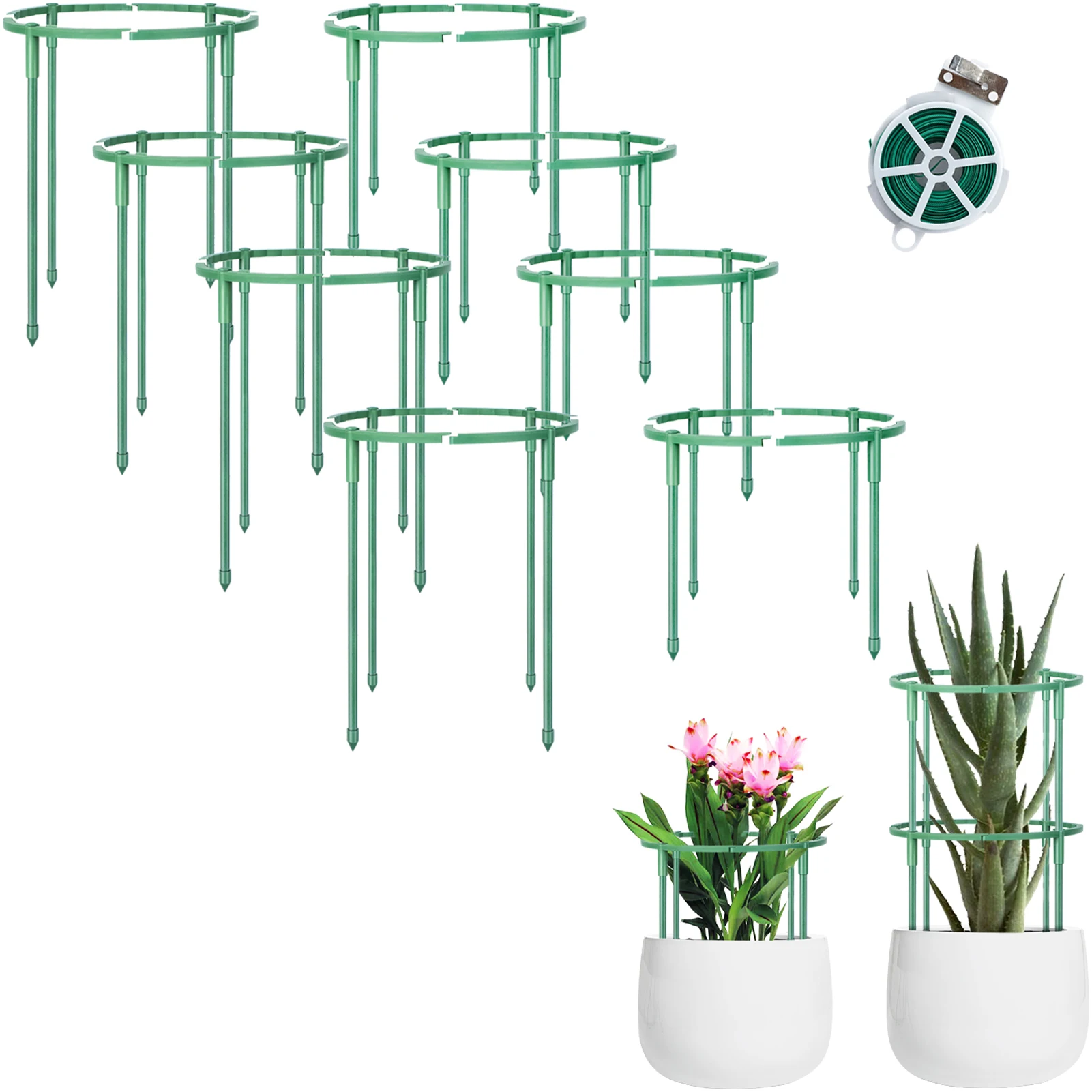 8 Packs Plant Support Stakes, Stackable Flower Support Stake, Plant Supports with 65Ft Twist Tie, Plant Stakes for Garden Indoor