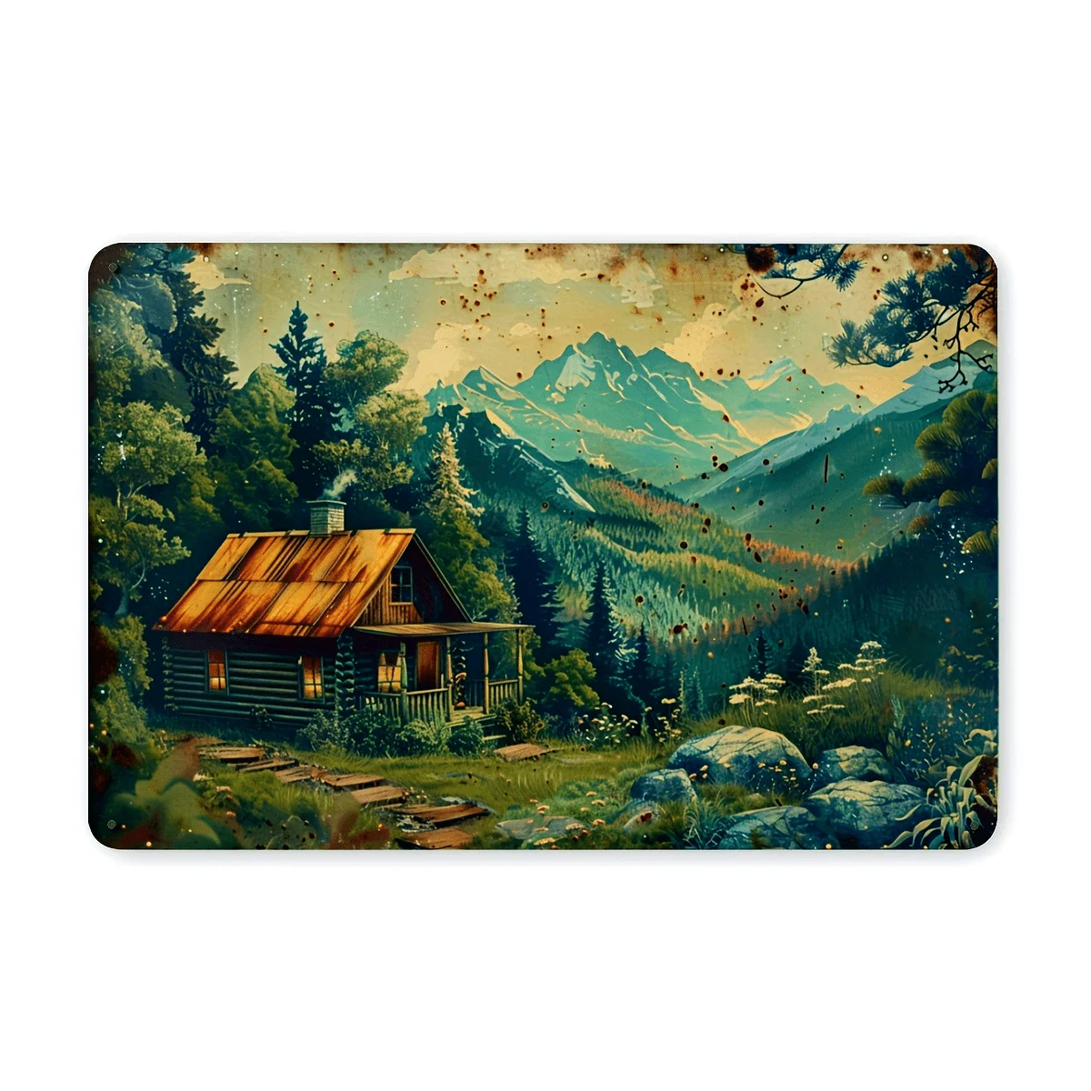 （2D Tin painting）Decoración de Habitaciones, 1 Pieza, Letrero Metálico Vintage con Diseño de Cabaña en la Montaña, Arte de Pa