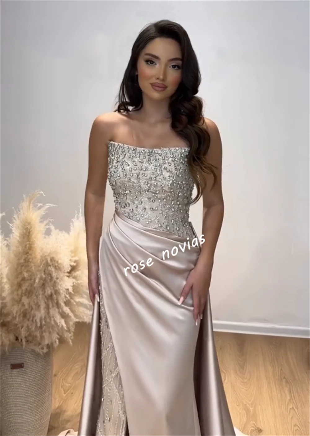 Charmeuse personalizado con lentejuelas y diamantes de imitación, sirena sin tirantes, largo hasta el suelo, ocasión a medida, fiesta de noche de lujo para mujer