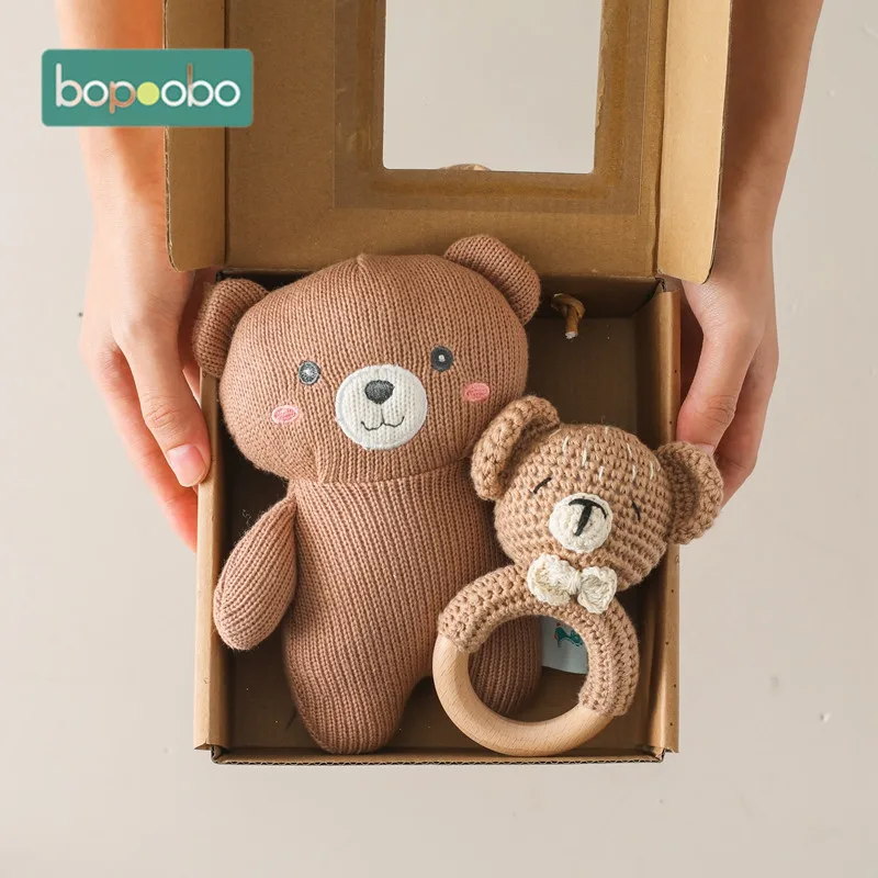 1Set Bear Stuff Plush Toy Handmade Crochet Wool Doll Baby Rattles Crochet Toy Wood Ring Infant Gym Mobile Rattles Kids Gifts