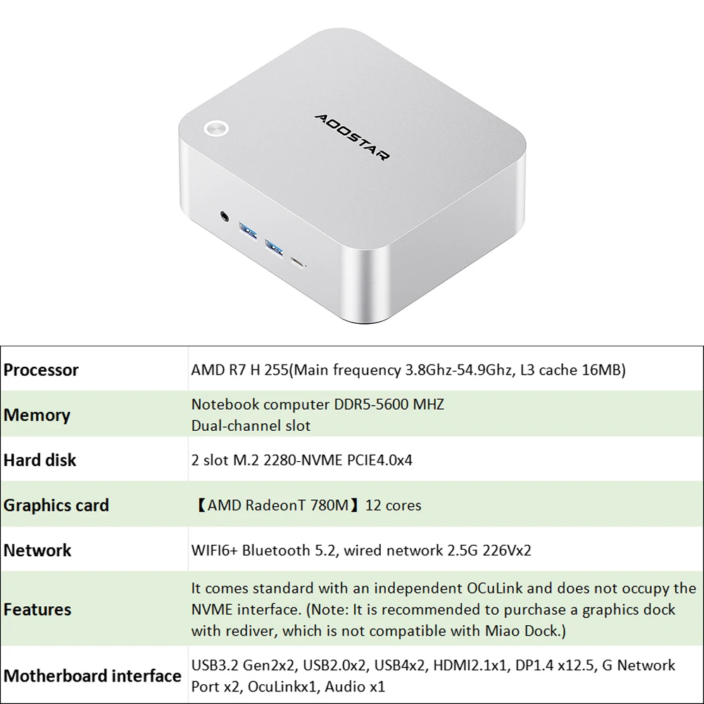 AOOSTAR MACO Mini PC AMD Ryzen 7 H255 Mini PC Windows 11 WiFi 6 USB4 Gaming PC DDR5 5600MHz Support 4 Display 4K/8K Computer