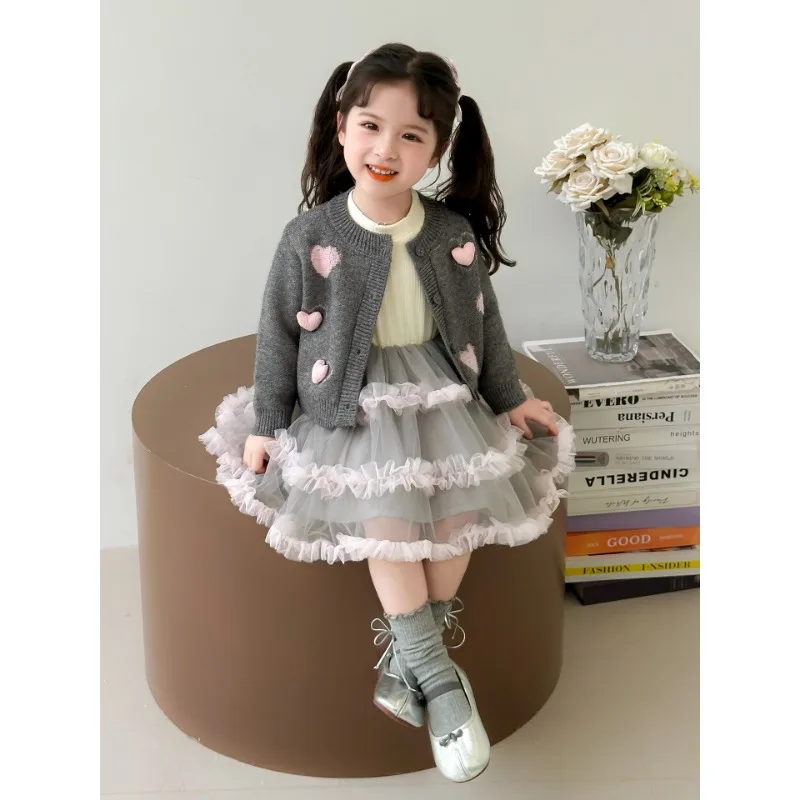 فستان الفتيات الربيع والخريف 2025 جديد للأطفال سترة مشغولة من الصوف الغزل تنورة مجموعة ، الفتيات الصغيرات فستان الخريف سترة تنورة #6