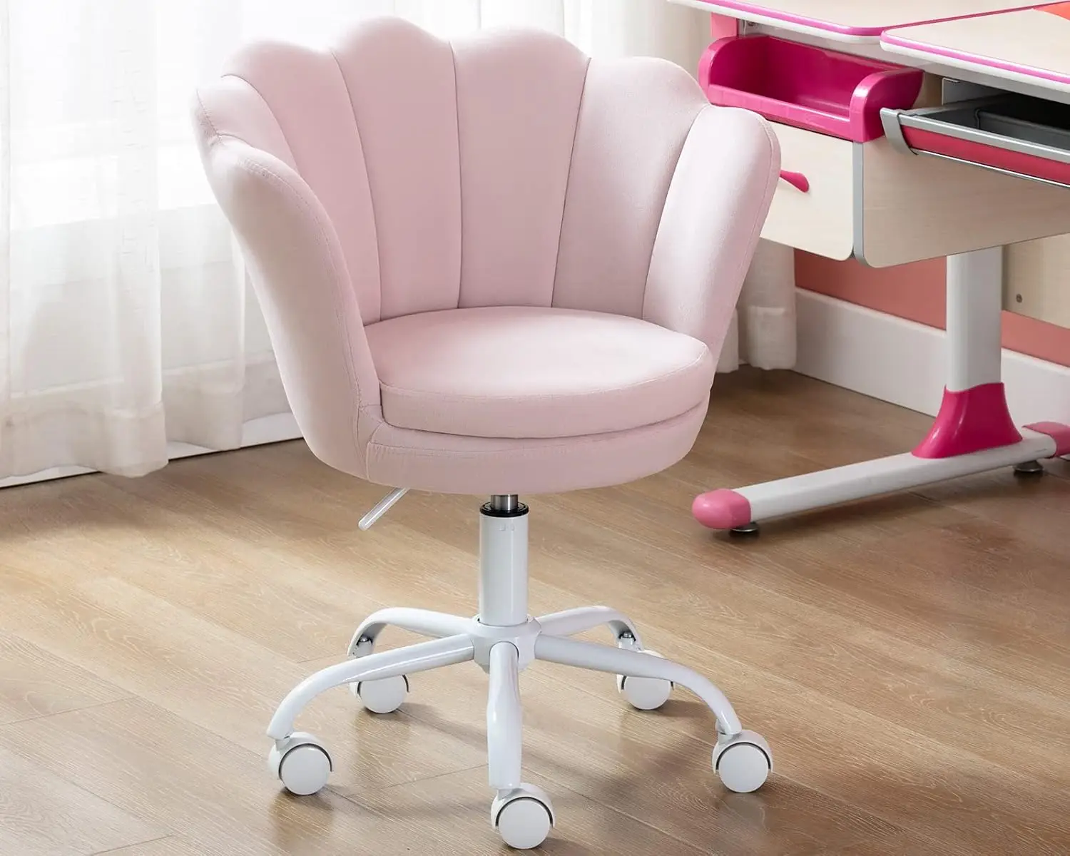 Chair,Velvet Bedroom Chair Adjustable Child Computer Chair Swivel Shell Vanity Chairs for Girls Bedroom/Study Room, Light Pink