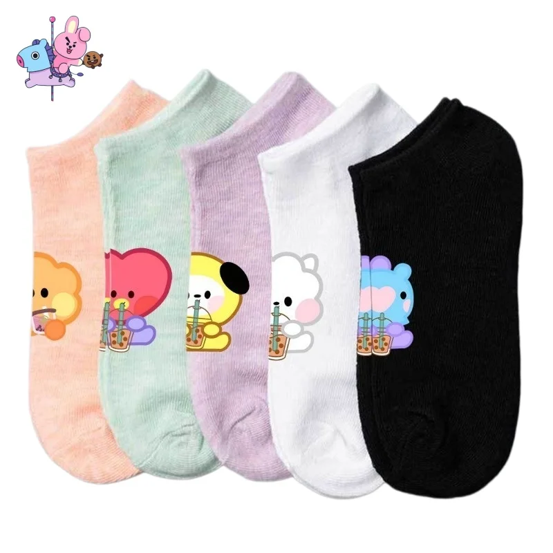 Calcetines Cortos de la Serie de Té con Leche de Dibujos Animados BT21 Cooky Tata Koya RJ Shooky Man Chimmy, Cómodos, Transpirables y Casuales