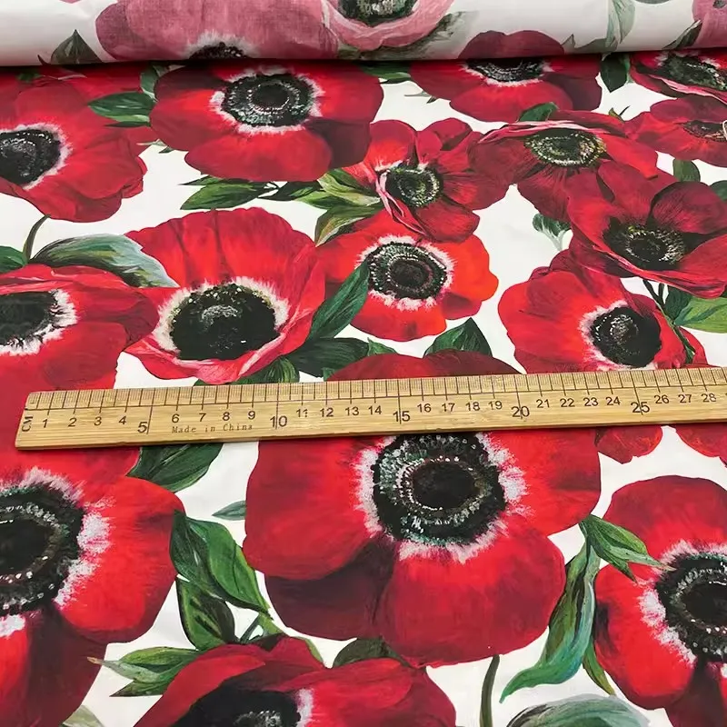 2024 New Fashion Show Red Peony Flower Printed Cotton Fabric For Woman Summer Dress Blouse Pants DIY Cloth Sewing Material