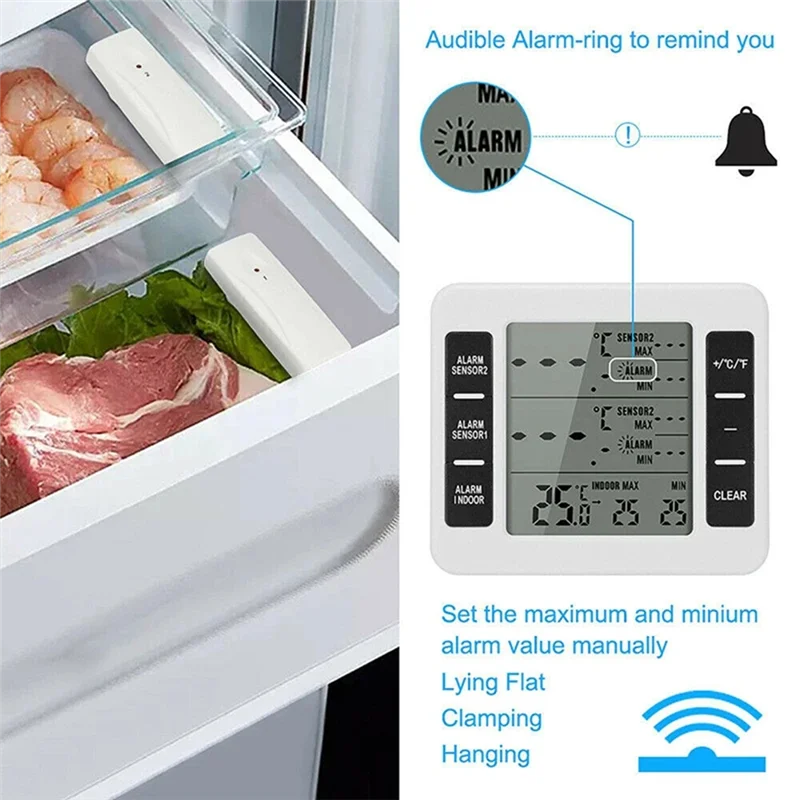 1Set Freezer Thermometer Wireless 2 Remote Sensors Alarm Low Temperature Refrigerator Thermometer Clock