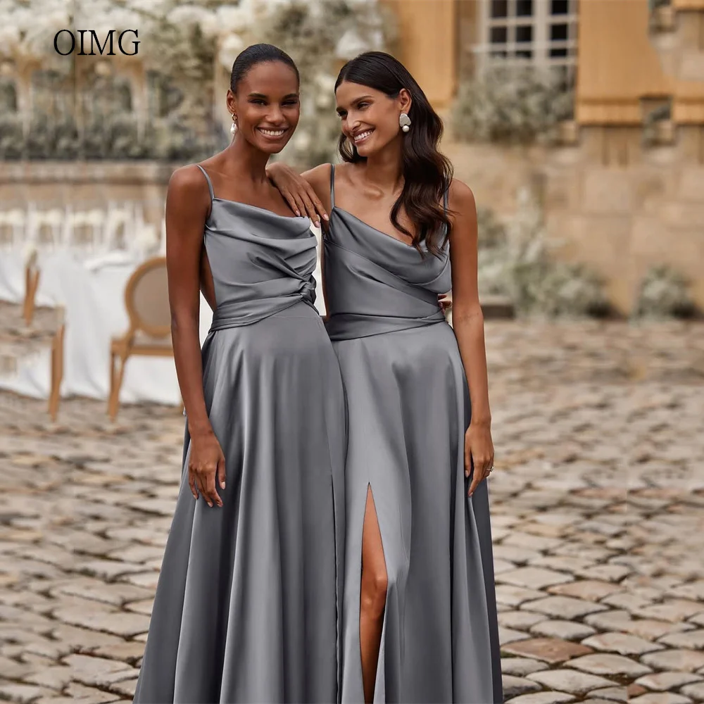 

OIMG Simple Spaghetti Strap A-line Wedding Dress Open Back With Bow Bridesmaid Dresses Side Split Wedding Gowns Customized