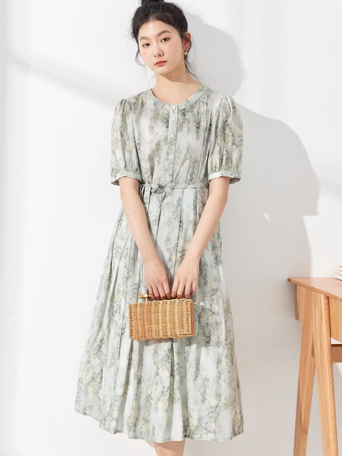 

Zimode Tianli Flax Handmade Dyed Dr Waist Cinching Slimming Ele Long Summer Dr Women's ort Sve round Ne A-Li...