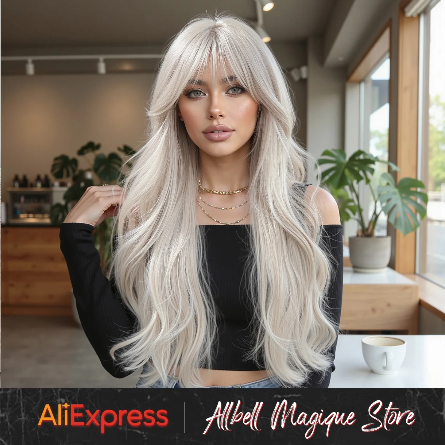Long Wavy White Synthetic Wigs With Bangs White Cosplay Wigs With Bangs Natural Hair Daily Use Halloween Heat Resistant Wigs