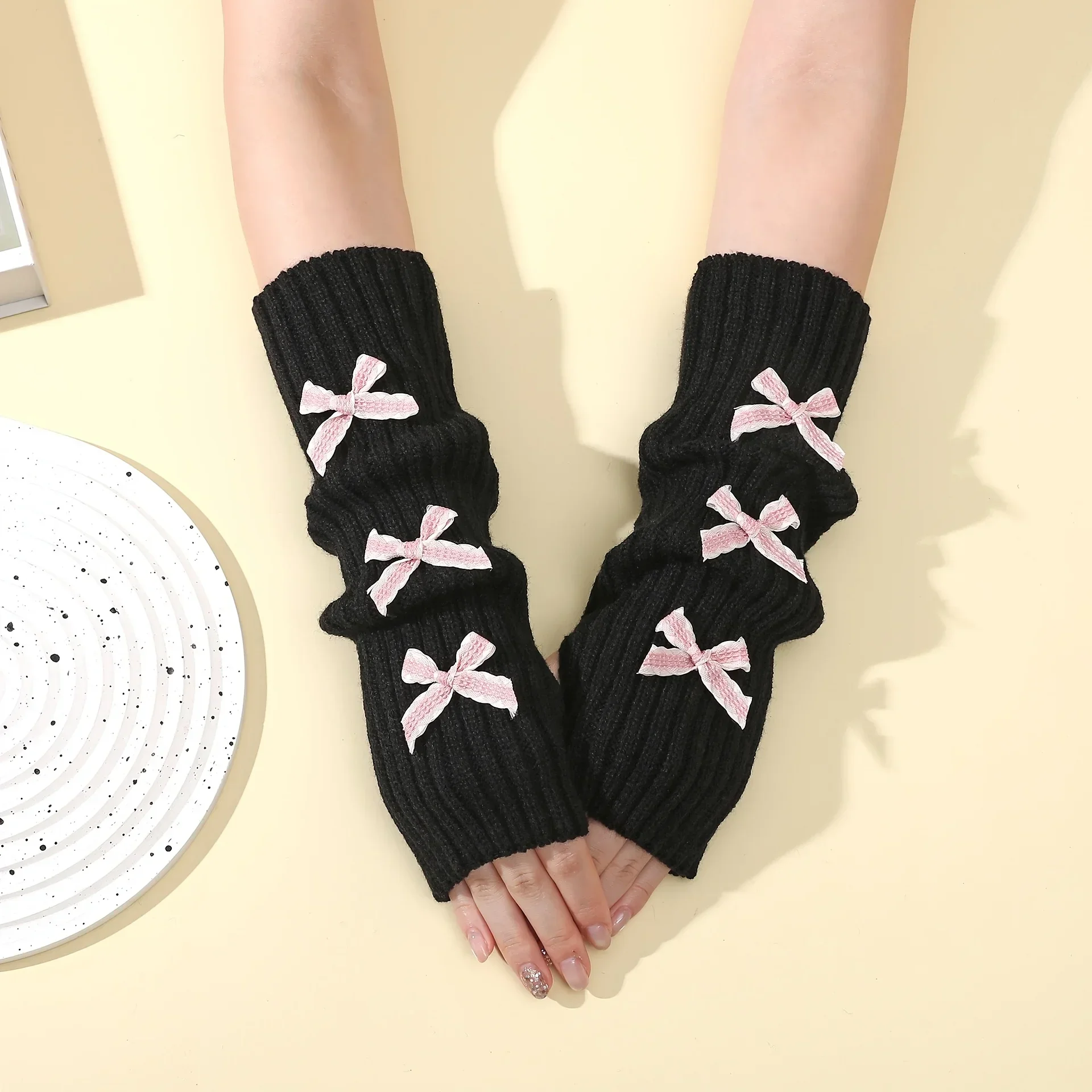 A Pair of Women's 30cm Bow Autumn and Winter Warm Gloves, College Style Medium Long Knitted Pile Sleeve Sleeves