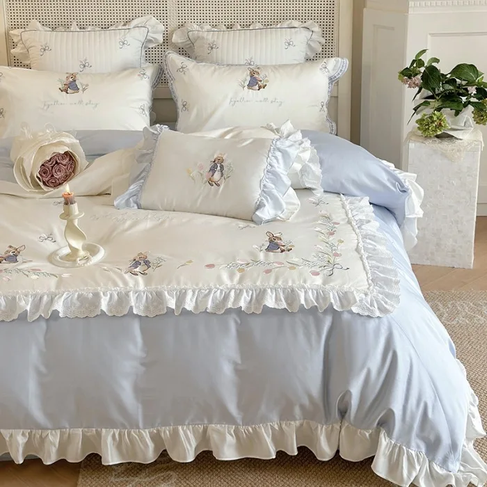 Pure cotton four-piece French girl heart embroidery washed cotton bed sheet quilt cover double bed product