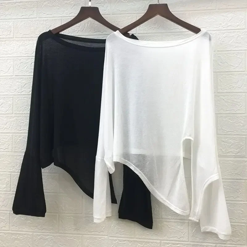 Large Ice Silk Knot Solid Color Sun Protection Coat Split Irregular Long Sleeved T-shirt Loose Practice Latin Modern Dance Top